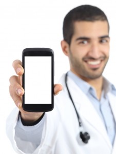 Arab doctor man showing a smart phone display application